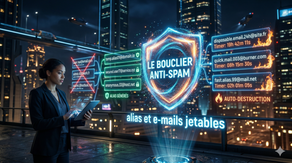 Illustration de cybersécurité montrant un bouclier holographique anti-spam avec génération d'alias et e-mails jetables dans une ville futuriste.