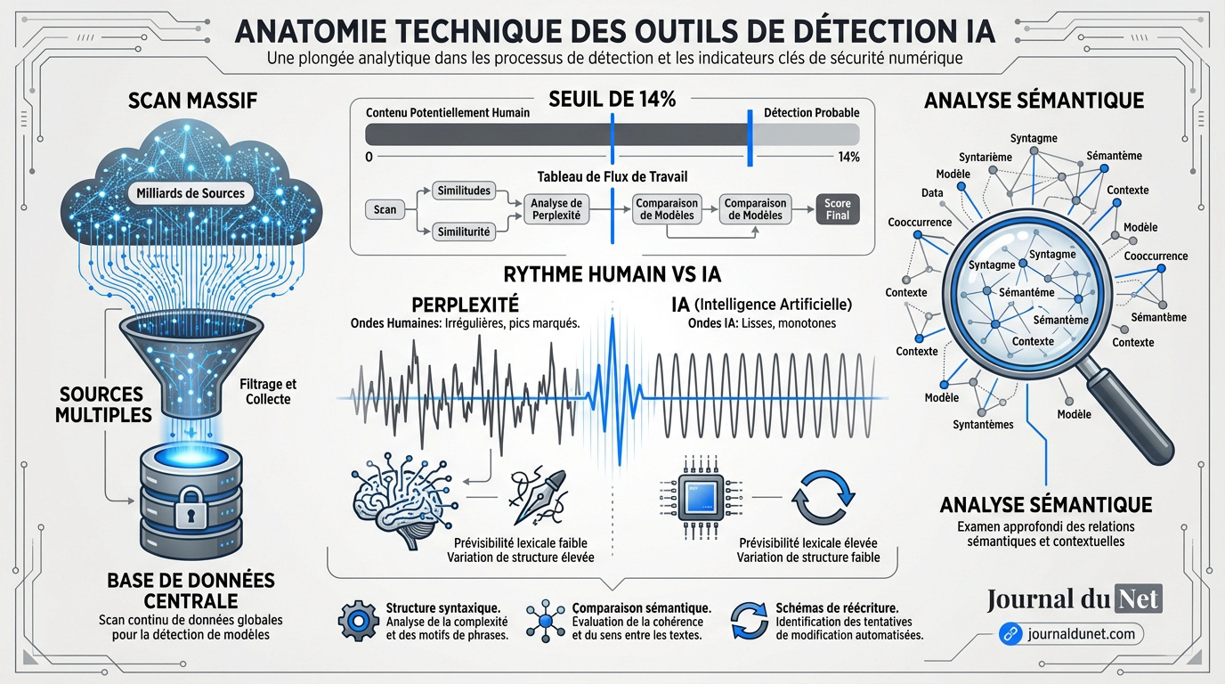 Schéma technique montrant l'analyse de la perplexité et de la burstiness par un détecteur d'IA